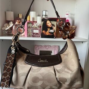 Coach Beige & Brown Signature Shoulder Bag with Flower Charm